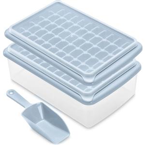 ARTLEO Ice Cube Maker Trays for Freezer with Lid and Storage Bin, Easy Release 55 Mini Nugget Ice Cubes Trays 2 pack with Cover, Ice Holder, Scooper, Flexible Plastic Ice Mold & Bin, BPA Free (Gray)