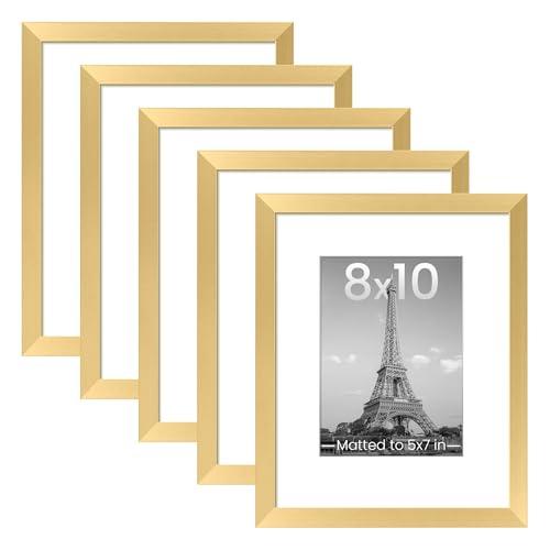 upsimples 8x10 Picture Frame Set of 5, Display Pictures 5x7 with Mat or 8 x 10 Without, Wall Gallery Photo Frames, Gold