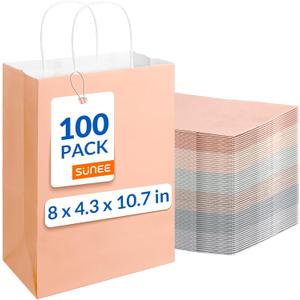 SUNEE Gift Bags with Handles 8x4.3x10.7, 100 Pcs Paper Gift Bags Medium Size Bulk, Muted Color for Wedding, Birthday, Party Supplies and Celebrations