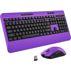 KOPJIPPOM Wireless Keyboard and Mouse Set with Quiet Keys, 2.4G Full Size Purple Keyboard and Mouse with Wrist Rest, Protective Covers, Soft Touch Silent Design for Windows, Computer, PC and Laptop