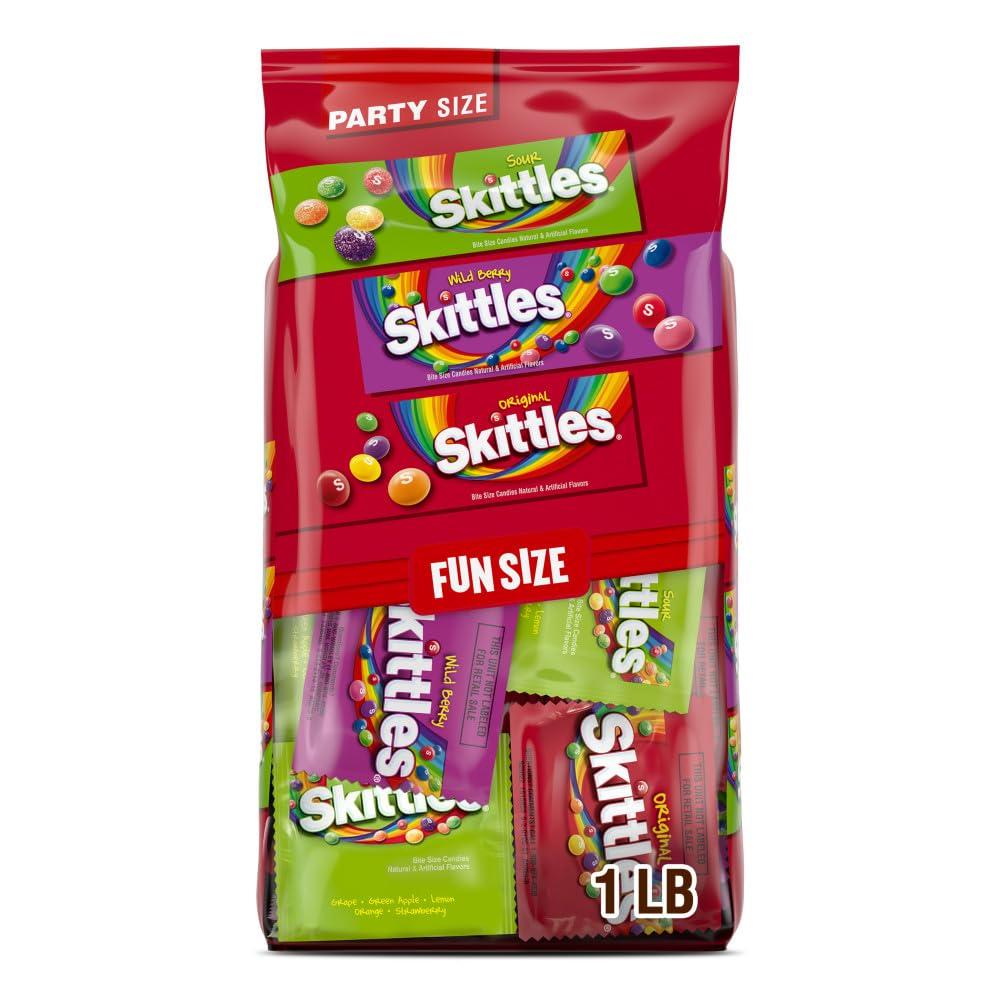 Wrigley's Skittles Fun Size Original, Wild Berry, and Sour Chewy Individually Wrapped Stocking Stuffers Christmas Candy Variety Pack, 26.46 Oz Bulk Bag (EXP 06/30/26)