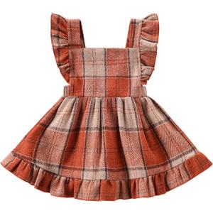 Baby Girls' Dresses Fly Sleeve Plaid Baby Dress Flannel Overall Skirt Dress Fall Winter Festival Outfits (18-24 Months, Orange)