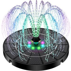 Solar Fountain with Colorful Lights,High Efficiency Solar Water Fountain with 2200mAh Battery 7 Nozzles and 4 Fixer,Solar Fountain for Bird Bath Garden Outdoor Dcor