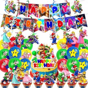 42 Pcs Cartoon Theme Birthday Decorations, Cartoon Party Decorations, Includes 1 Banner, 16 Latex Balloons, 1 Cake Toppers, and 24 Dessert Toppers