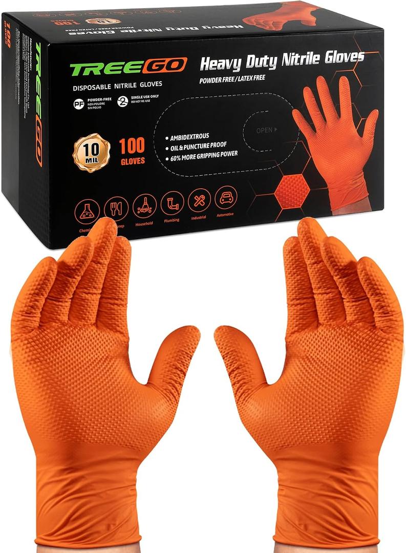 TREEGO 10 Mil Orange Nitrile Gloves Heavy Duty High-Visibility Diamond Texture Grip, Latex Free Disposable Mechanic Rubber Gloves, XLarge, 100 Count