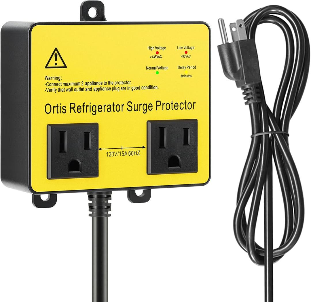 Refrigerator Surge Protector, Ortis Double Outlet Voltage Protector for Home Appliances with Time Delay, 5ft Power Cord, Protects Against Brownout, Spike, Instant Surge All Voltage Abnormalities (Yellow) Refrigerator Surge Protector, Ortis Double Outlet Voltage Protector for Home Appliances with Time Delay, 5ft Power Cord, Protects Against Brownout, Spike, Instant Surge All Voltage Abnormalities (Yellow)