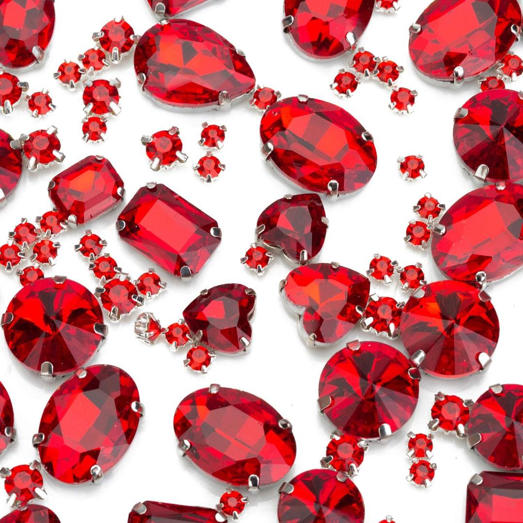 Sew On Rhinestones, Choupee 130PCS Red Sew On Stone Metal Back Prong Setting Sewing Claw Rhinestone Mix Shapes Sew On Glass Gems for Jewelry, Clothes, Costume, Shoes, Belt, Dress, Garments and Crafts