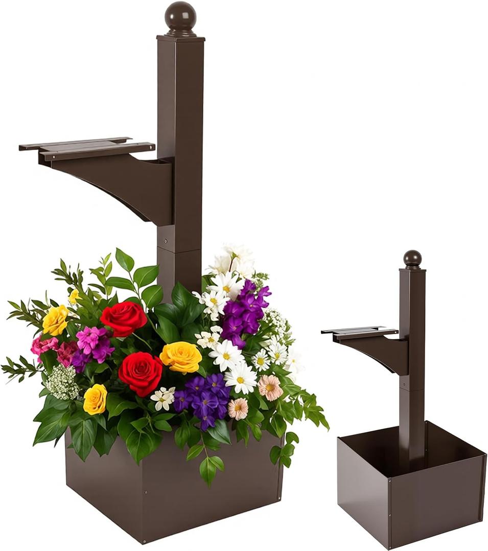 Colingmill 1 Set Iron Mailbox Posts with Planter Box for Outside 56 Inch / 4.6 ft Tall Decorative Mount with Flower Box Heavy Duty Architectural Post(Brown)