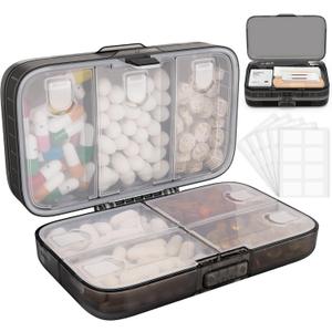 FYY Weekly Pill Organizer with Labels,8 Compartments Travel Daily Pill Case Airtight Moistureproof Large Pill Box to Hold Vitamins, Fish Oil, Supplements,Cotton Swab and Bandages-Black