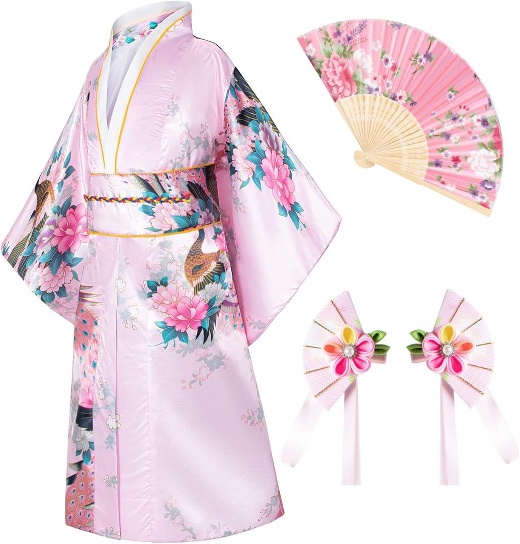 Japanese Traditional Dress Kimono Robe for Kids Girls Costume (8-9Years(140cm), Type2-pink)