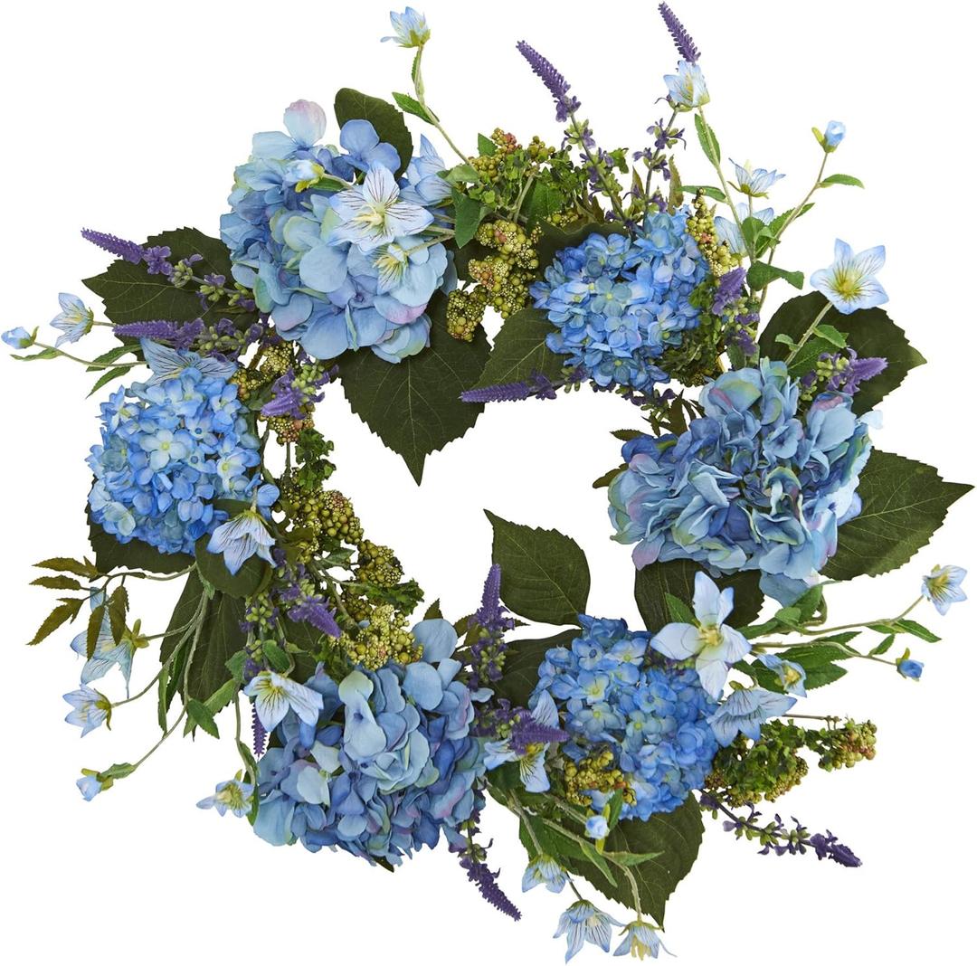 Nearly Natural, 24" Hydrangea Wreath (4224),Blue