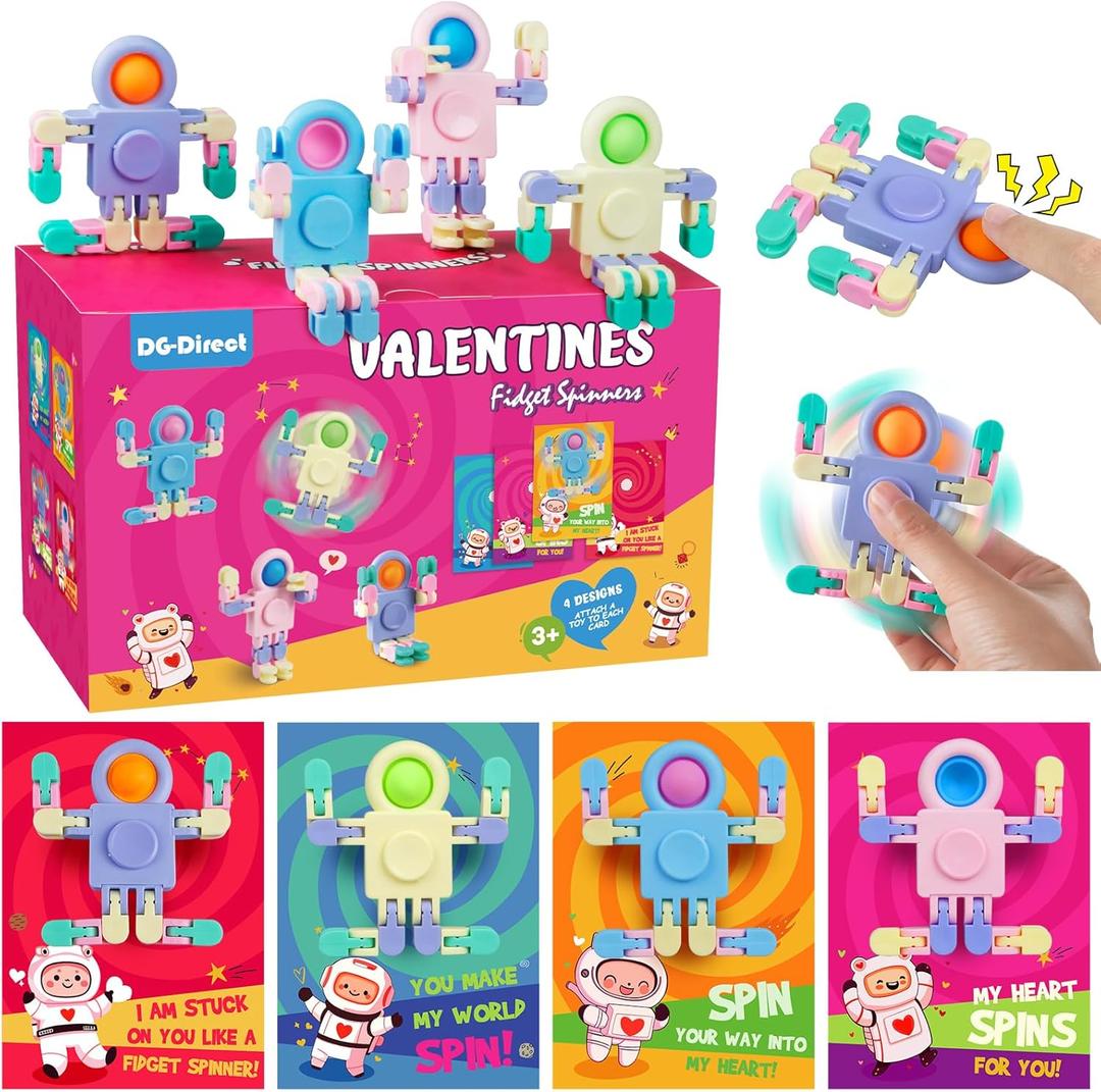 28 Pack Valentines Day Gifts for Kids, Valentines Day Cards with Astronaut-Shaped Finger Spinner POP Toys for Kids, Valentine School Classroom Exchange Prizes, Valentine Party Favor Toy Set