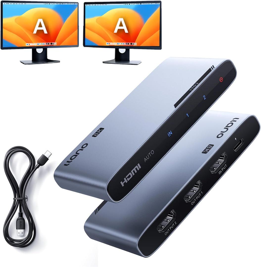 llano HDMI 2.1 Splitter 1 in 2 Out, 8K@60Hz 4K@120Hz/240Hz, SST & Mirror Mode Only (No Extend), HDCP 2.3, HDR10, Dolby Vision, for PS5, Xbox, Apple TV, Laptop, Aluminum Case