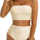 High Waisted Bandeau Bikini Set - Women Strapless Two Piece Swimsuits Ribbed Longline Full Coverage Bathing Suits Swimwear (Large, Beige)