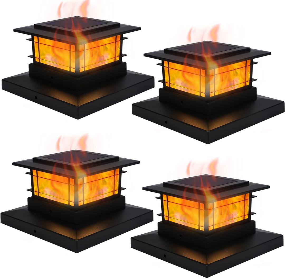Dynaming 4 Pack Solar Flame Post Lights Outdoor, Solar Powered Fence Post Cap Lights, High Brightness Flickering Flame SMD LED Lighting Decor for Garden Deck Patio, 4x4, 5x5 or 6x6 Vinyl/Wooden Posts (4 Pack Flickering Flame Lights, Black)