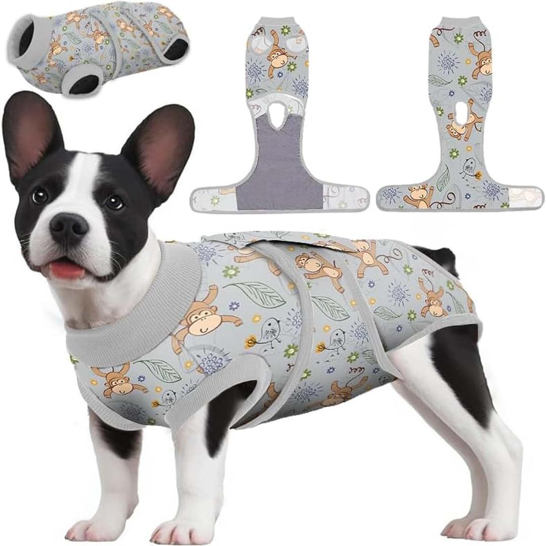 PetWarm Recovery Suit for Dogs, Dog Surgical Recovery Suit Female and Male, Dog Onesie for Surgery, Anti-Licking Dog Surgery Recovery Suit, Monkey Pattern, Grey, XS (X-Small (Back:8.3-11.4'', Weight:4-7LB))