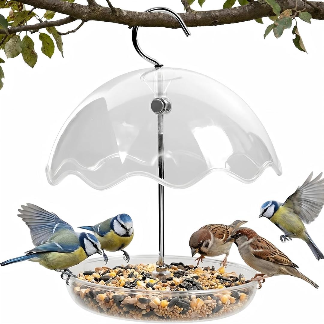 Hanging Platform Bird Feeder with Rain Shield, Adjustable Outdoor Seed Tray Feeder with Clear Dome, Large Capacity Plastic Bird Feeder for Wild Birds, Garden Porch Balcony