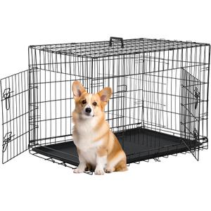 FDW 30 inch Dog Crate Dog Kennel Cage with Double Door Folding Metal Wire Dog Cage with Removable Tray&Divider Panel,Pet Crate for Medium Dogs,Black