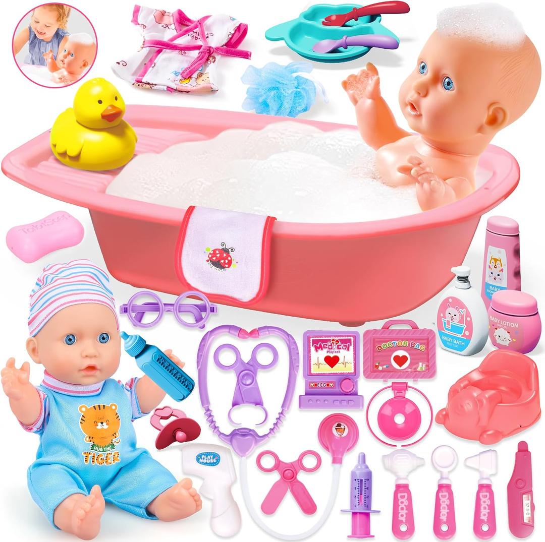 PROOU Baby Doll Care Toys, 30PCS Baby Dolls Bath Set & Doctor Kit, Pretend Play Baby Doll Set, Incl Bathtub, Bathrobe, ECG, Thermometer, Toddlers Toys Gifts for Age 3 4 5 6 Year Old Girls, Medium