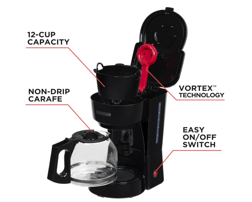 BLACK+DECKER 12-Cup Coffee Maker with Easy On/Off Switch, Easy Pour, Non-Drip Carafe with Removable Filter Basket, Vortex Technology, Black