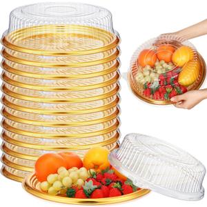 Maxcheck 12 Pack Plastic Serving Platter with Lid, 16 Inch Catering Trays, Heavy Duty Large Gold Serving Party Trays, Elegant Round Banquet for Takeout Food Picnic Spring Outdoor Party Supplies