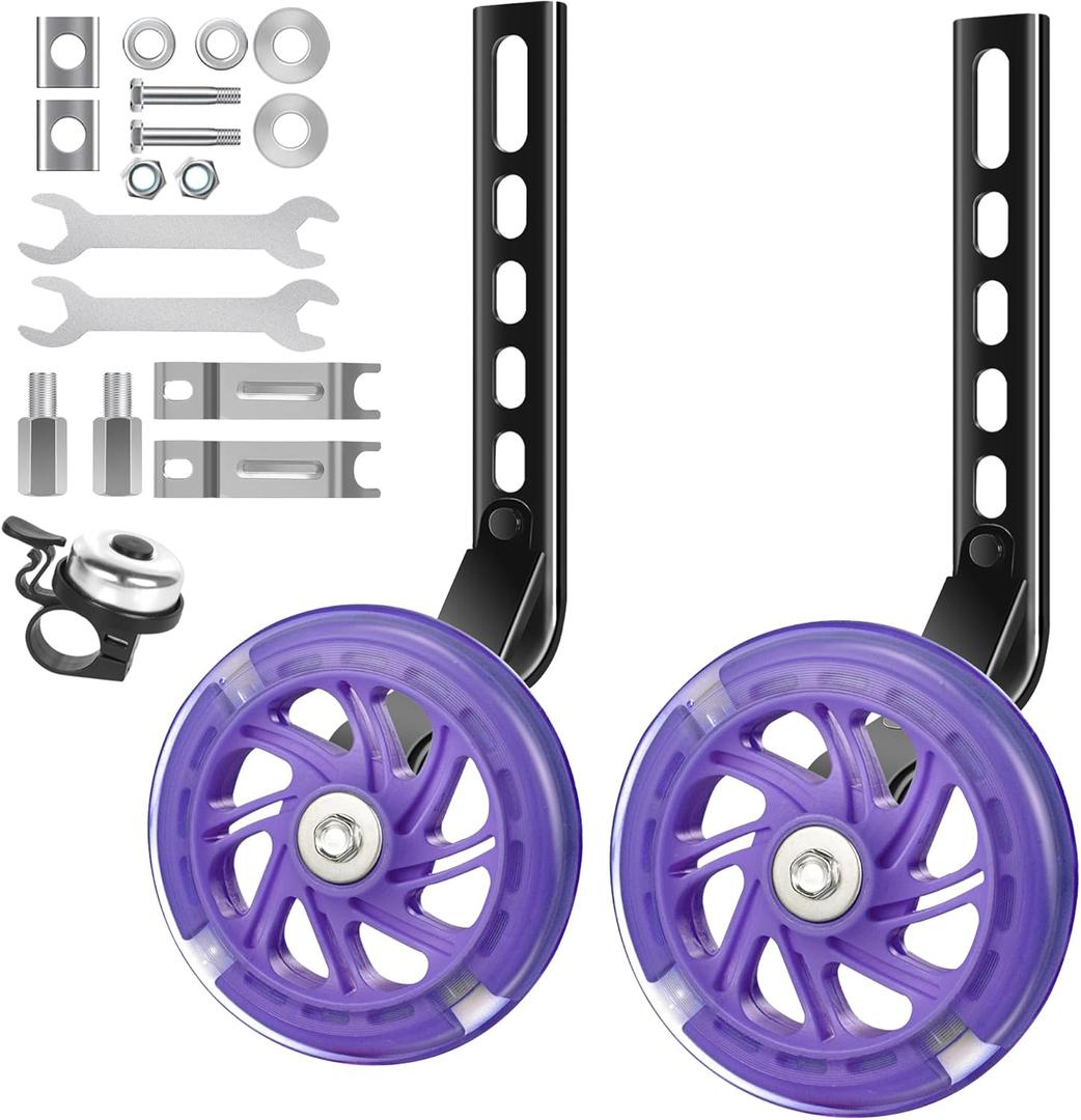 BNKIHDD Adjustable Bike Training Wheels for Kids – Mute Flash Wheels, Compatible with 12 14 16 18 20 inch Single-Speed Bikes Purple