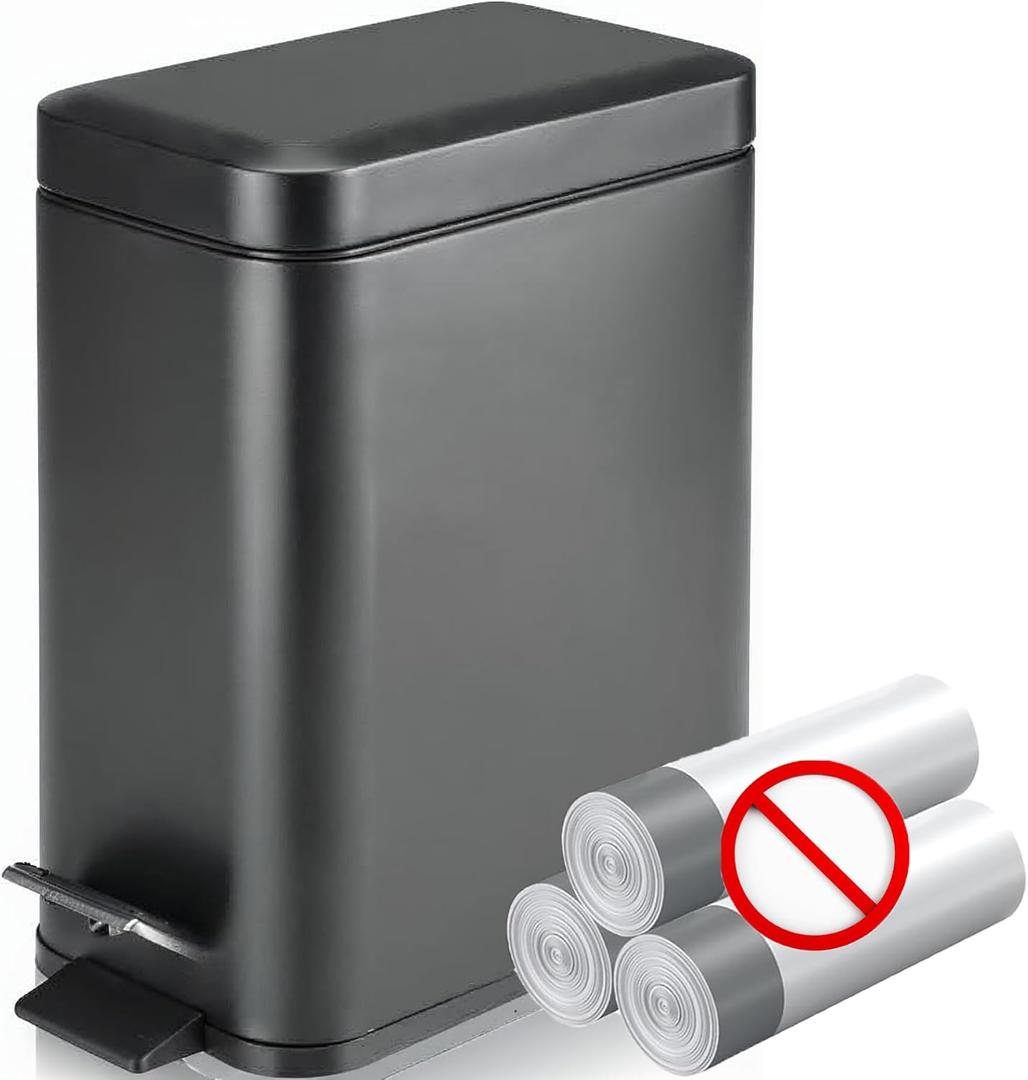 Homie Soft Close, Slim Trash Can 1.6 Gallon with Anti - Bag Slip Liner and Lid, Use as Mini Garbage Basket, Slim Dust Bin, or Decor in Bathroom, Restroom, Kitchen, or Bedroom (Matte Black)