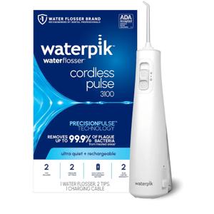 Waterpik Cordless Pulse Rechargeable Portable Water Flosser for Teeth, Gums, Braces Care and Travel with 2 Flossing Tips, Waterproof for Shower, ADA Accepted, WF20 White