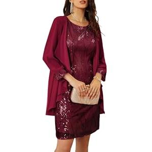 GRACE KARIN Women's Sequin Dress Wedding Guest Dresses Mother of the Bride Dresses Formal Dress Two Piece Dress Knee Length (Red, L)