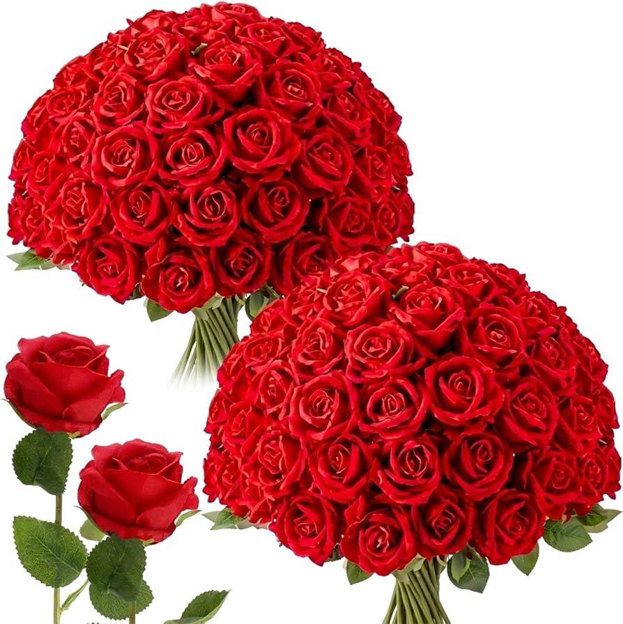 50 Pcs Artificial Silk Roses Bulk with Long Stem,Red