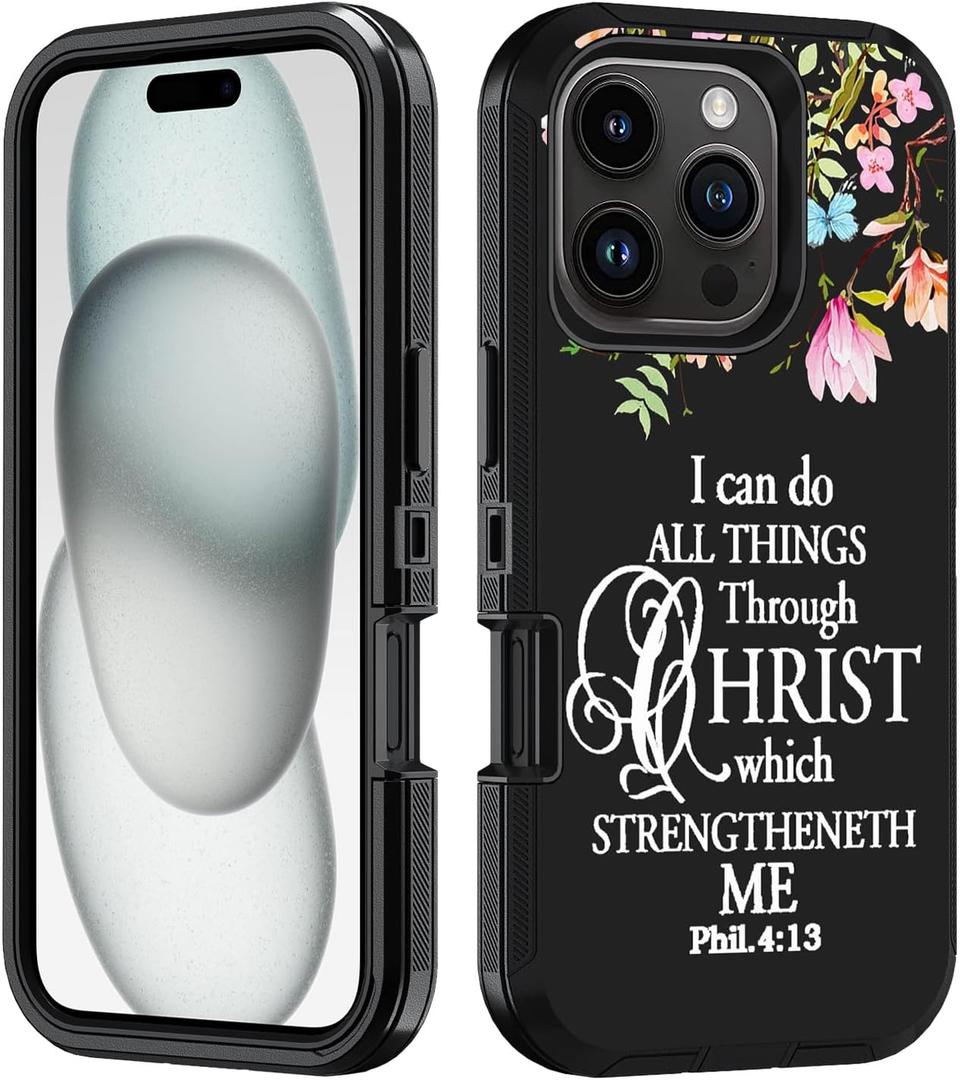 for iPhone 16 Pro Max Case, Heavy Duty 3 in 1 Hybrid Hard PC & Soft Silicone [Military Grade] Shockproof Drop Protection Case for iPhone 16 Pro Max 6.9", Floral Quote Bible Verse Phil 4:13
