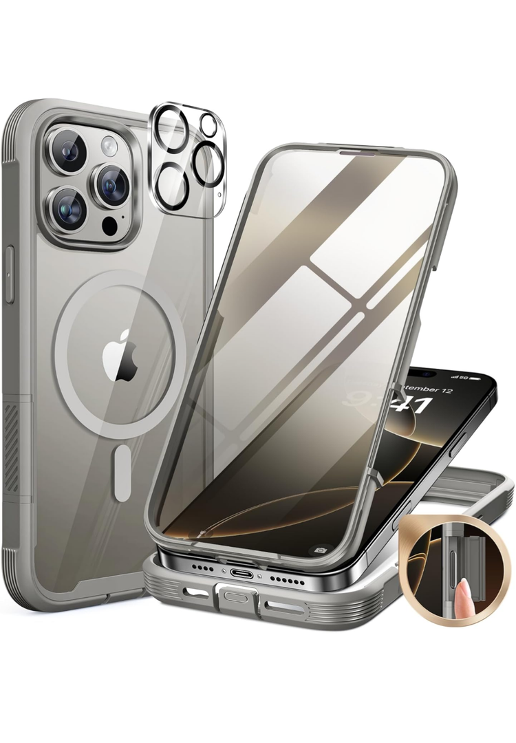 Miracase for iPhone 16 Pro Max Case 6.9'', [Bubble Free] Full-Body Bumper Phone case with Built-in Full Glass Screen &Lens Protector,Compatible with MagSafe,Drop Proof 16 Pro Max Cover,Titianium