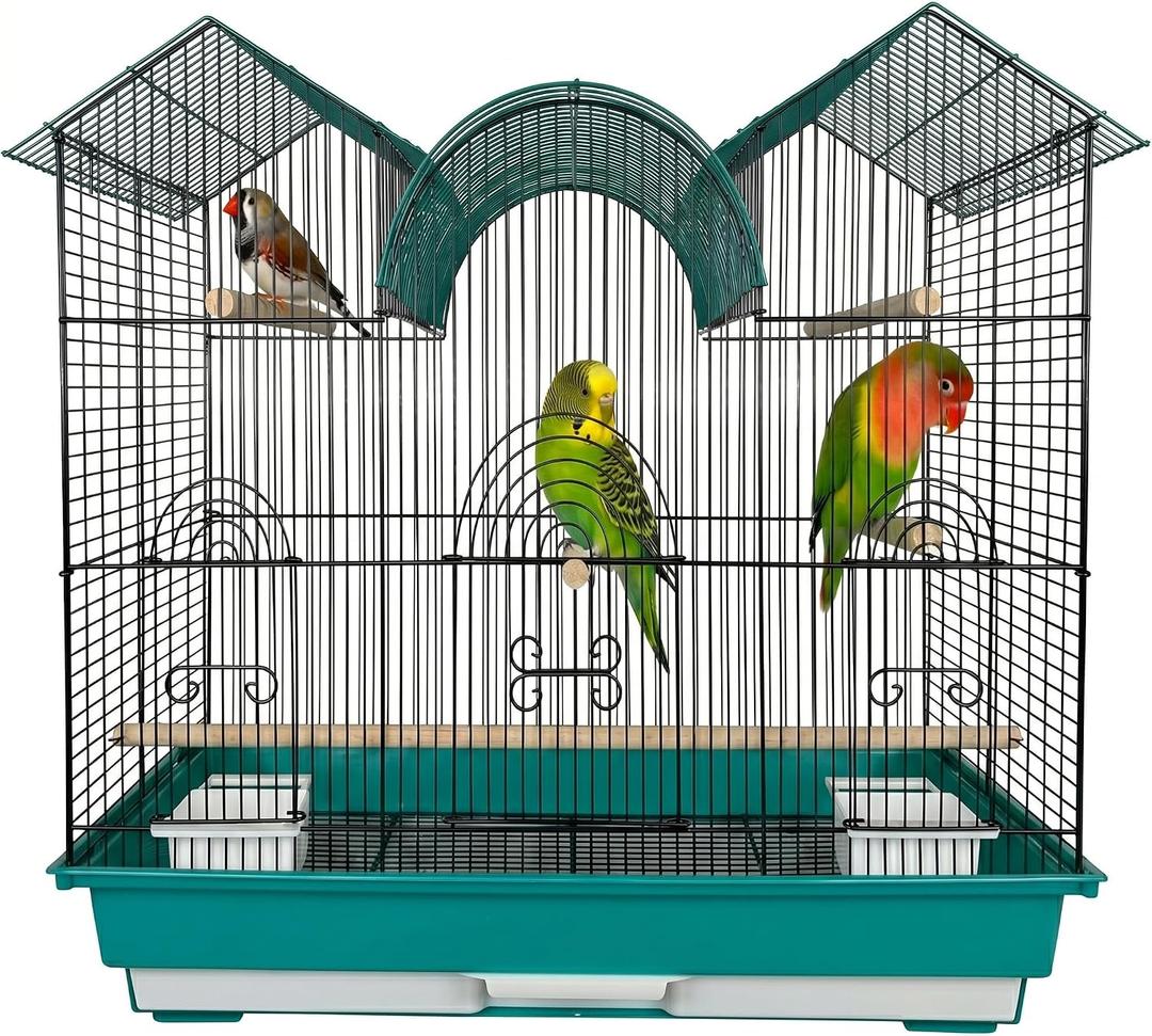 A&E Cage Co AE2614TT SP Blue Triple Top Bird Cage 26" x 14" x 23" Decorative Small Bird Cage Includes 2 Feeder Stations, 3 Wood Perches, Slide-Out Tray & Carry Handle (Teal)