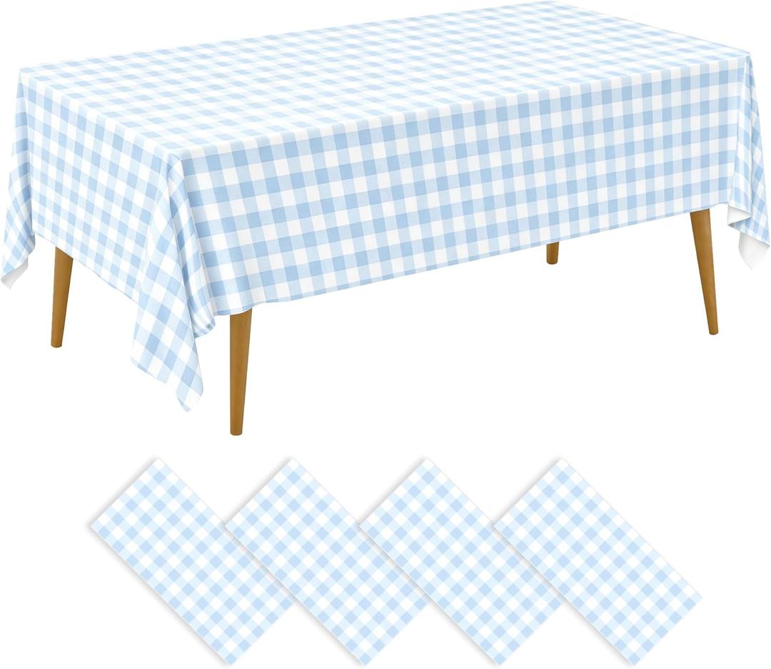 Blue Gingham Tablecloth,4pcs Blue and White Checkered Tablecloth | Rectangular Light Blue Gingham Plastic Tablecloth for Boy Baby Shower,Picnic,Birthday,Wedding,Party,55*108 Inch