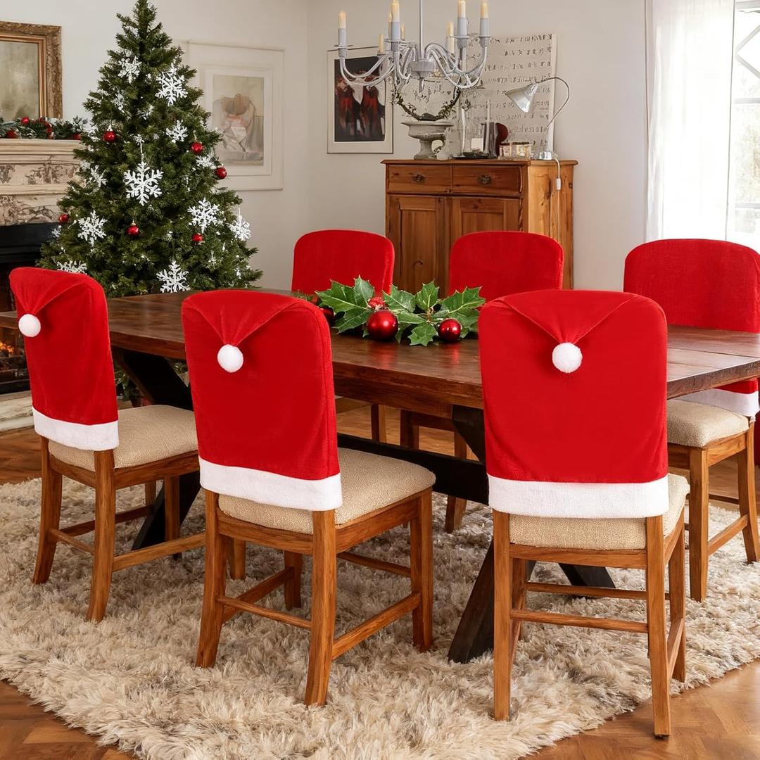 6PCS 19.6" x 23.6"dining chair covers for Christmas kitchen and Navida holiday home decor.Christmas chair cover decorations are suitable for use indoors on home,bathroom, cabinet, and table chairs.