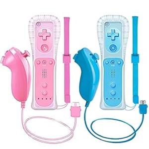 ZeroStory 2 Packs Wireless Controller and Nunchuck for Wii and Wii U Console, Gamepad with Silicone Case and Wrist Strap (Pink and Blue)
