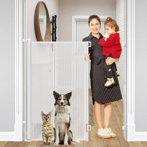 Reinforced 48" Extra Tall Baby Gate with Support Rods, 4 Ft Tall Retractable Gate for Dogs 55" Wide Pet Gates for Doorways Mesh Cat Gate - Prevent Baby/Pet from Jumping Over, White
