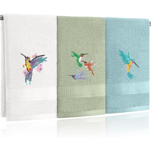 Tingjoo 3 Pcs Hummingbird Hand Towels Farmhouse Garden Hummingbird Bathroom Decor 14x29 Inch Embroidered Bird 100% Cotton Soft Decorative Summer Hand Towels for Bathroom Kitchen
