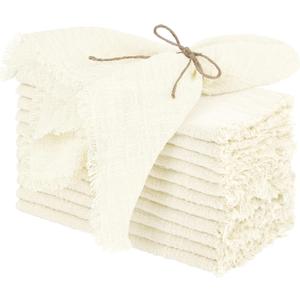TURSTIN 12 Pieces Cotton Linen Cloth Napkin Handmade Cloth Napkin with Fringe 17 x 17 Inch Soft Cloth Dinner Wedding Napkin Square Rustic Fringe Napkin for Dinners, Parties, Weddings, Ivory