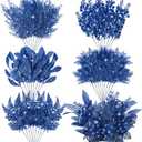 Moucuny 75 Pcs Christmas Glitter Picks Artificial Christmas Tree Picks and Sprays for Tree 5 Styles Berries Stems Cedar Bay Leaves Fern Pine Branches for Vase Fillers Wreath Garland (Blue)