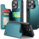 Compatible with iPhone 14 Pro Wallet Case with Card Holder RFID Blocking for Women Men, Double Magnetic Clasp Kickstand Shockproof Phone Case Fit for iPhone 14 Pro, Bluish Green