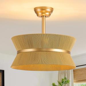 Boho Fandelier Ceiling Fan with Light Gold Caged Ceiling Fans with Lights and Remote Rattan Chandelier Fan for Bedroom,Nursery,Foyer,Kitchen,Living Room (6 Speeds Timing Adjustment Height Enclosed), Medium
