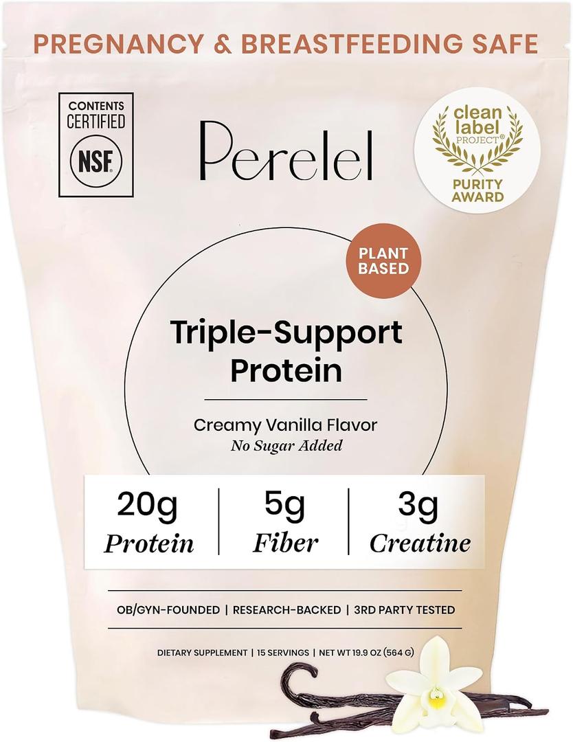 Perelel Triple-Support Plant Based Protein Powder, Creamy Vanilla, 20g Vegan Protein Powder, 3g Creatine Monohydrate, & 5g Prebiotic Fiber per Serving, Dairy Free, No Sugar Added, 15 Day Supply BBD 01/2028