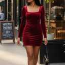 cailami Women's Sexy Bodycon Long Sleeve Velvet Elegant Mini Homecoming Party Dresses (Red, M)