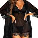 RSLOVE Women Sexy Lingerie Set 3 Piece Babydoll & Lace Kimono Robe Strap Chemise Sleepwear Mesh Nightgown (Large, Black)