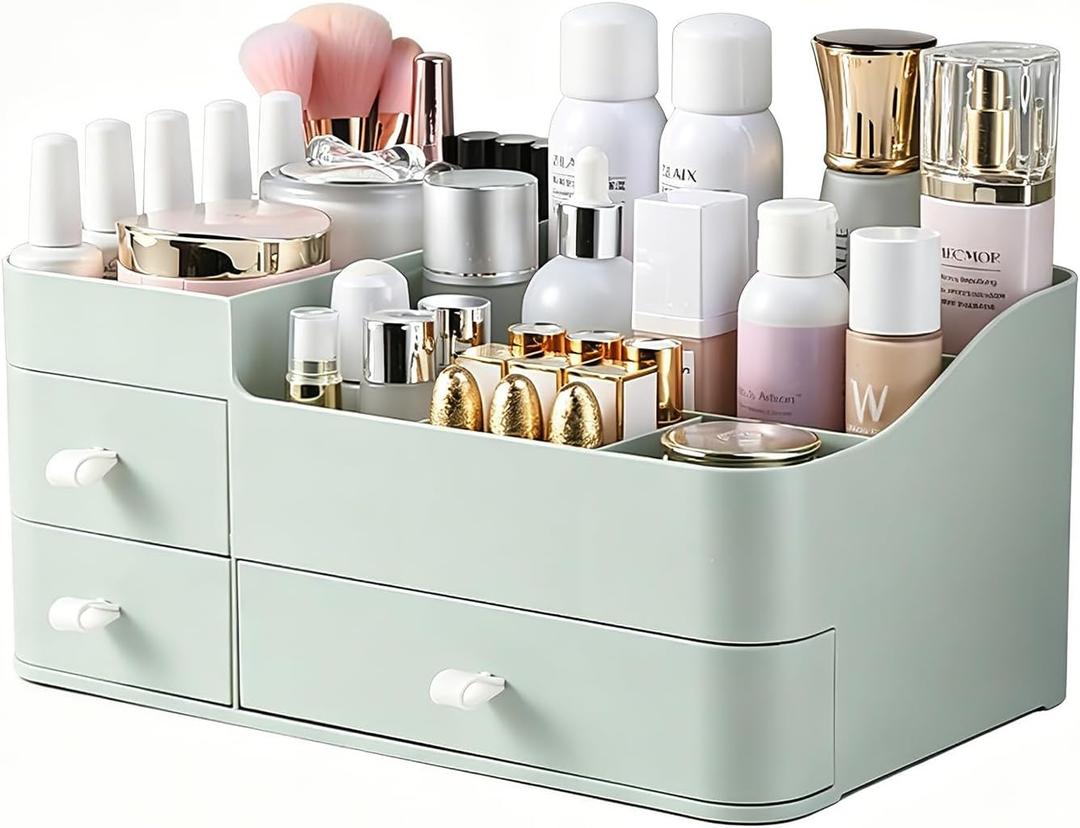 Makeup Organizer with Drawers, Bathroom Counter Organizer, Plastic Cosmetic Display Case, Large Skincare Storage for Vanity Countertop, Ideal for Bedroom Dresser top and Desktop (Fresh Green)