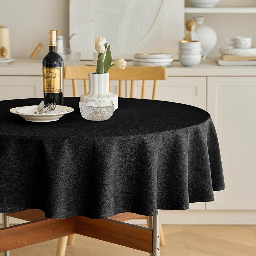 Waterproof Farmhouse Round Small Table Cloth for Round Table, Easy Care Wrinkle-Free Fabric Circle Table Cover for Party, Wedding, Picnics, Patio Table (60 Inch, Round (2-4 Seats), Black)