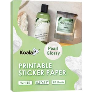 Koala Pearl Glossy Sticker Paper for Inkjet and Laser Printer, 20 Sheets 8.5x11 Inch Printable Pearly Gloss Photo Sticker Paper for Wedding Birthday Party