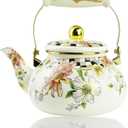 Floral Enamel Tea Kettle Bohemian Vintage Teapot Hot Water Coffee Kettle Pot 2.5L Porcelain Beige Colorful Rustic Tea Pot for Stovetop Hot Water Kitchen Decor