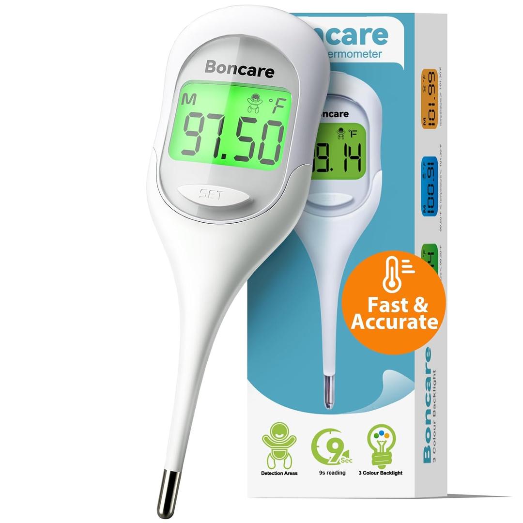 Boncare 9 Seconds Basal Body Thermometer for Ovulation, Oral Thermometer for Adults and Kids - Accurate Rectal Thermometer, with Fever Alarm and Large Display (Rice-White)